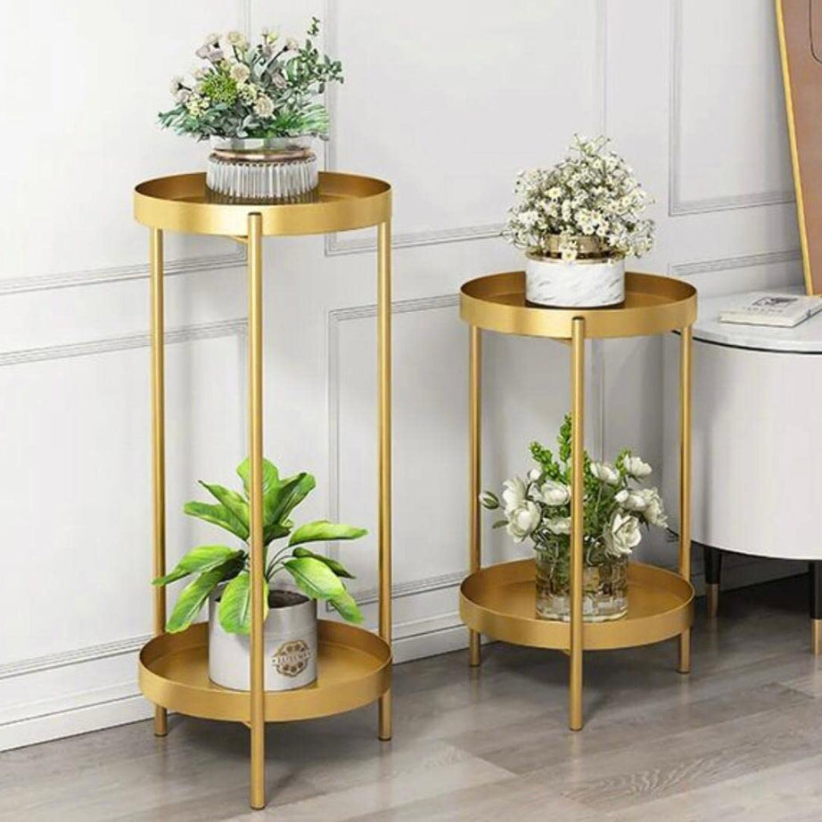 SenceWin Decorative Planter Pot Plant Flower Stand Set of 2 Metal Flower Stand 2 Tier Indoor Shelf Holder- Golden