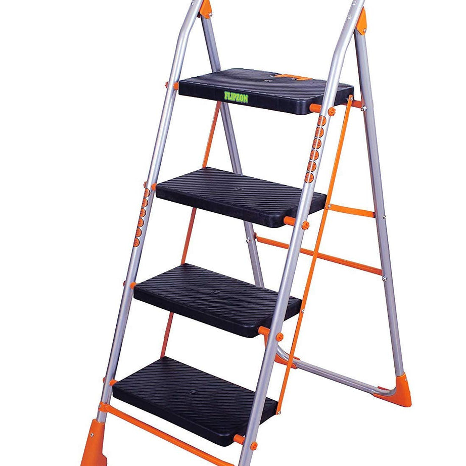 FLIPZON Aluminium Foldable 4 Steps Ladder | Heavy Duty Ladder With Anti-Skid Shoes, Wide Steps - (Orange, Silver, Black)