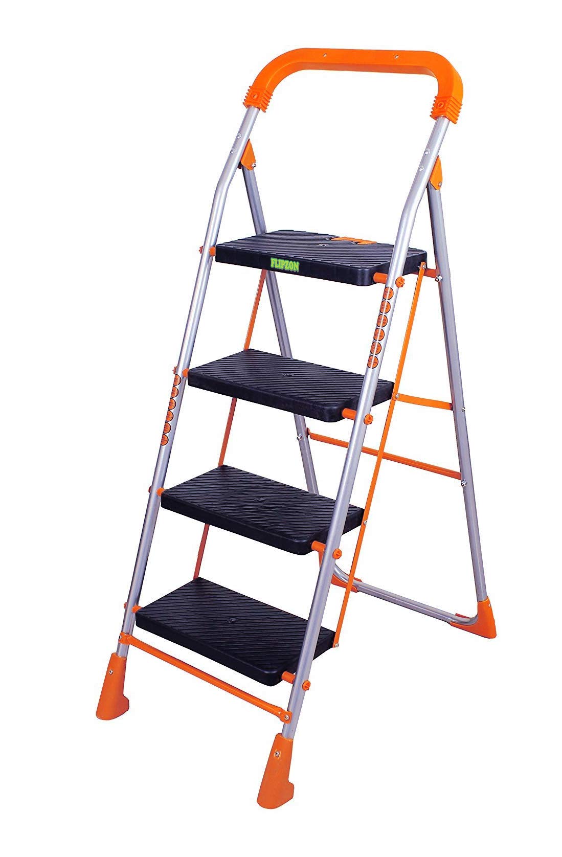 FLIPZON Aluminium Foldable 4 Steps Ladder | Heavy Duty Ladder With Anti-Skid Shoes, Wide Steps - (Orange, Silver, Black)