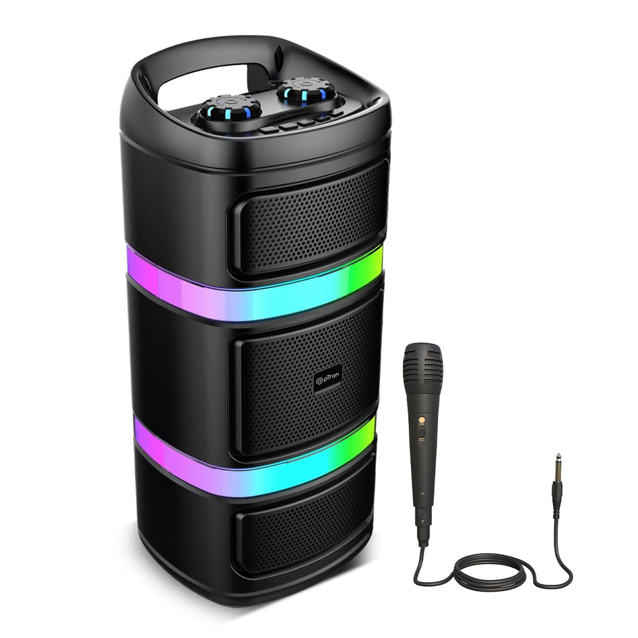 pTron Newly Launched Fusion Quad 40W Karaoke Bluetooth Party Speaker, Immersive Sound, RGB Lights, 3mtr Karaoke Mic, Mic Volume Control, 5 Equaliser, BT/USB/SD Card Playback & Type-C Charging (Black)