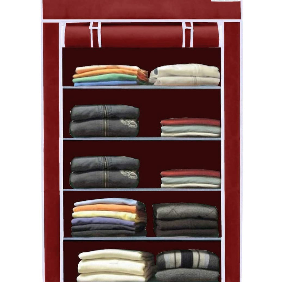 FLIPZON | 5 Shelves Baby Foldable Wardrobe | Non-Woven Fabric Shelves | Maroon