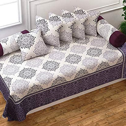 SpangleHomes 500 TC Weaved Thick Cotton Reversible Bedsheet/Bedcover for Diwan Bed-1 Single Bedcover,5 Cushion Covers,2 Booster Covers (Sunshine Wine/Purple, Diwan Set (1+2+5))