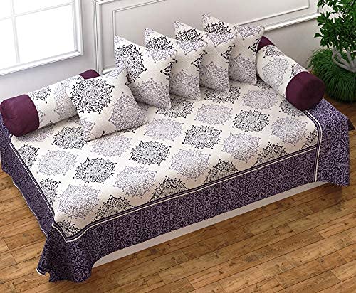 SpangleHomes 500 TC Weaved Thick Cotton Reversible Bedsheet/Bedcover for Diwan Bed-1 Single Bedcover,5 Cushion Covers,2 Booster Covers (Sunshine Wine/Purple, Diwan Set (1+2+5))