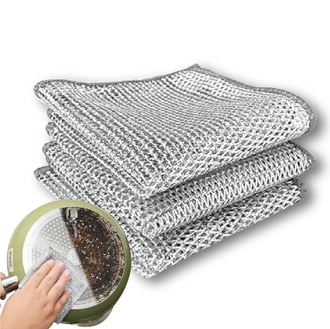 KASHIVAL Scrub Pad Multipurpose Wire Dishwashing Rags for Wet and Dry Cleaner Dish Cloths Stainless Steel Scourers Cleaners Reusable Kitchen Scourer Cloth (Pack of 3)