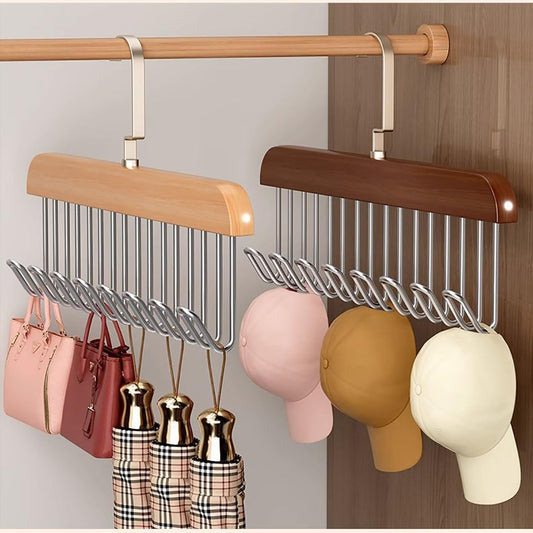 NAXUE 2 pcs Wooden Hangers for Wooden Belt Hanger for Tie 8 Hooks Adjustable Closet Hangers Lingerie Belt Scarf Tie Storage Racks Foldable Hooks Wood Hanger Wardrobe Organizers for Men Women (2)