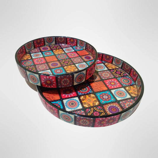 Round Trays Set of 2 | Serving Trays | Gift Item | Multipurpose Tray | Wooden Tray | Kitchen, Dining, Decorative Product | Resin Tray | Handmade | Handicraft Product | Neelkanth Tray | Multicolor 3