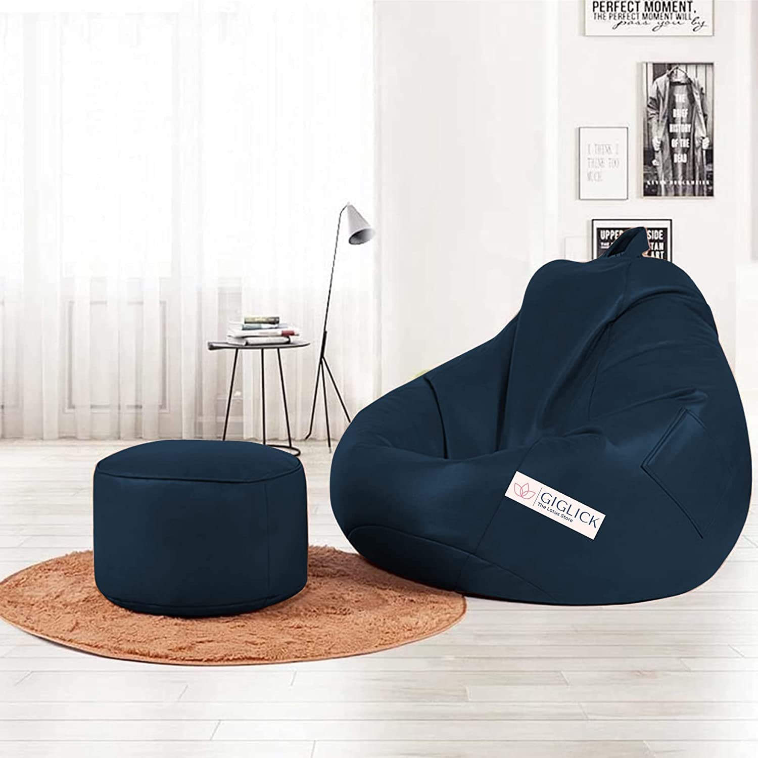 GIGLICK 4XL Premium Faux Leather Filled with Beans Bean Bag with Footrest XXXXL Bean Bag with Filler | Navy Blue Color