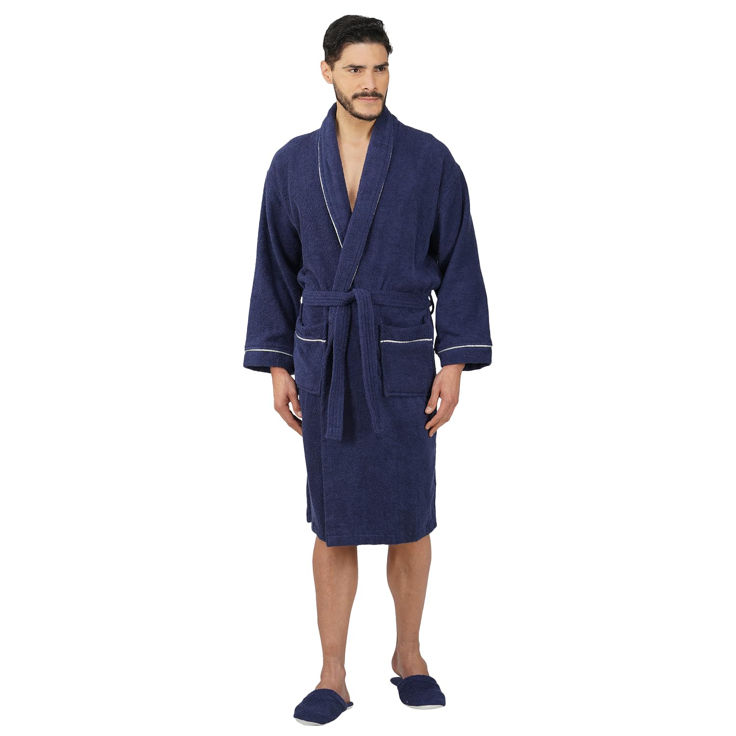 Rangoli Sunshine Bathrobes For Men and Women | 100% Natural Fiber, Quick Absorption, 400-450 GSM, Free Size Bath Robe with Rope and Matching Slippers | Ultra-soft, Lightweight |Navy Blue