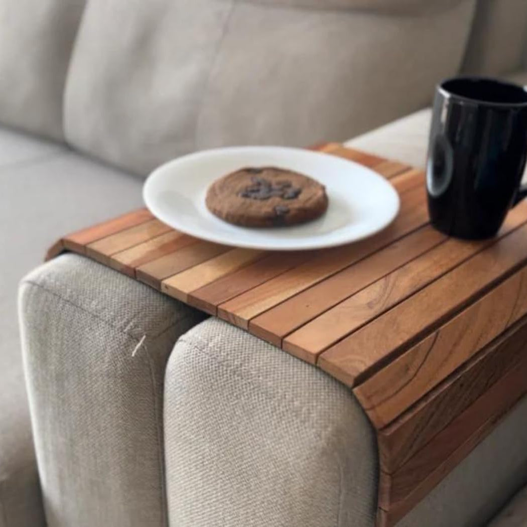 Vesta Homes Sofa Armrest Tray|Handcrafted Acacia Wood|Tambour Tray|Flexible And Foldable|Dining Table Mat|Suitable For Food/Drinks/Snacks/Cup Coaster|43 X 28 X 13 Cm|Handcrafted In India/Rectangular