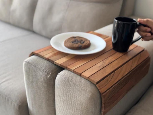 Vesta Homes Sofa Armrest Tray|Handcrafted Acacia Wood|Tambour Tray|Flexible And Foldable|Dining Table Mat|Suitable For Food/Drinks/Snacks/Cup Coaster|43 X 28 X 13 Cm|Handcrafted In India/Rectangular