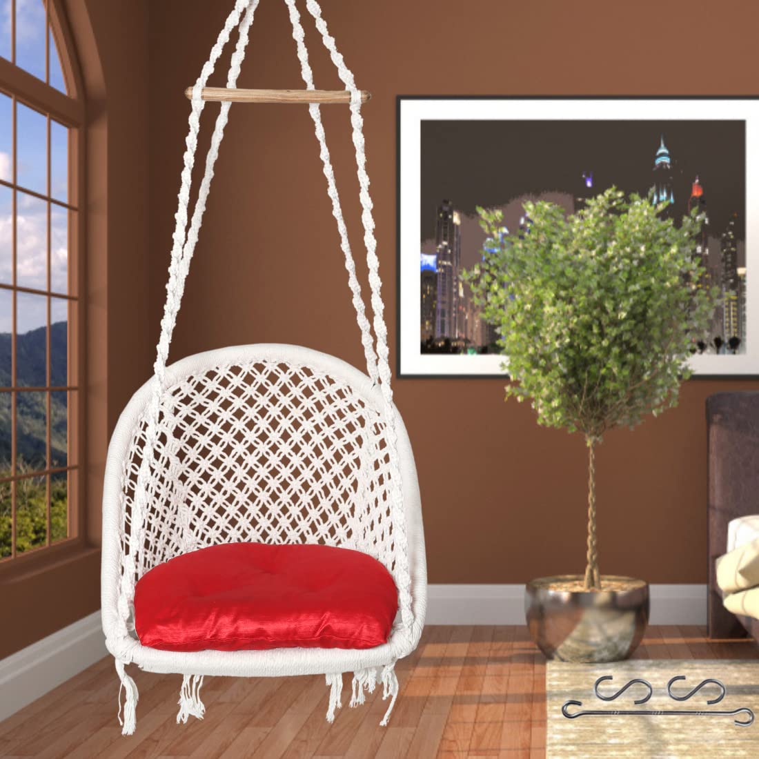 Patiofy Swing/Cotton D Shape Swing For Adults/Wooden Swing For Home/Jhoola For Balcony For Adults/Hammock Swing/Unjal Swing Chair Wooden/Swing For Indoor/Includes Hanging Kit&Red Cushion(White),61 Cm