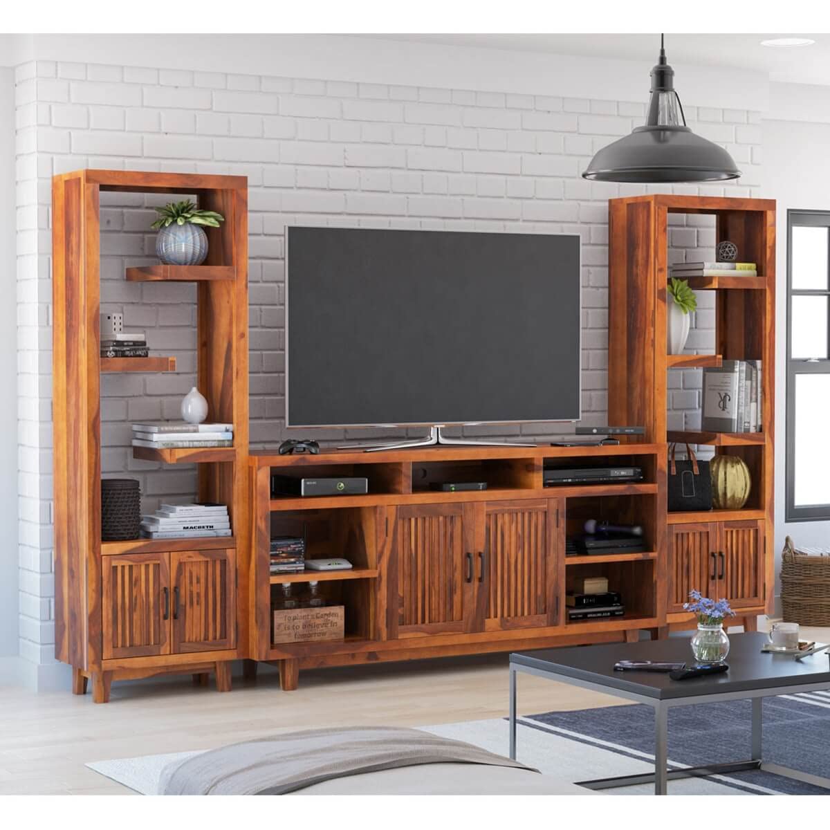 WoodMarwar Sheesham Wood Entertainment Tv Unit & Set of 2 Book Shelf for Living Room | Tv Cabinet with Two Open Display Decor Bookcase | Tv Table with 2 Shelf & 2 Door Storage and Bookshelfs | Honey