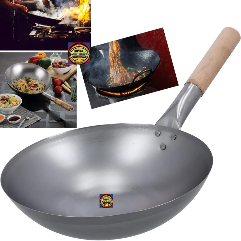 Wok Iron Kadhai/Chinese Wok 16" Chinese (Iron Utensils) Woden Handle Kadai for Noodles Fried Rice Kadai with Handle (2.8kg) 1 pcs Extra Heavy Wok for use Perfect Grip- Traditionally Hand Made