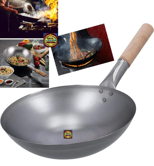 Wok Iron Kadhai/Chinese Wok 16" Chinese (Iron Utensils) Woden Handle Kadai for Noodles Fried Rice Kadai with Handle (2.8kg) 1 pcs Extra Heavy Wok for use Perfect Grip- Traditionally Hand Made