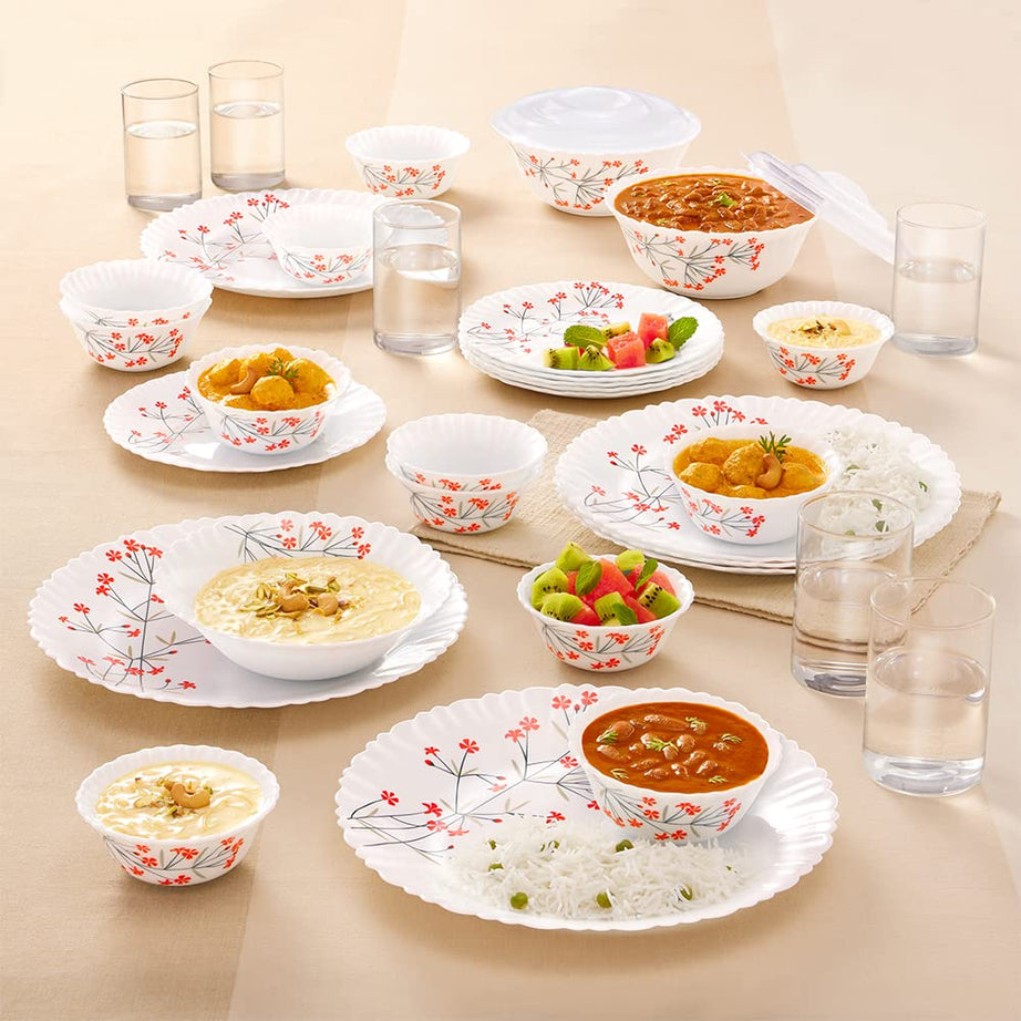 Larah By Borosil Red Bud Silk Series Opalware Dinner Set with Glasses,35 Pieces for Family of 6,Microwave & Dishwasher Safe,Bone-Ash Free,Crockery Set for Dining & Gifting,Plates & Bowls, White,Floral