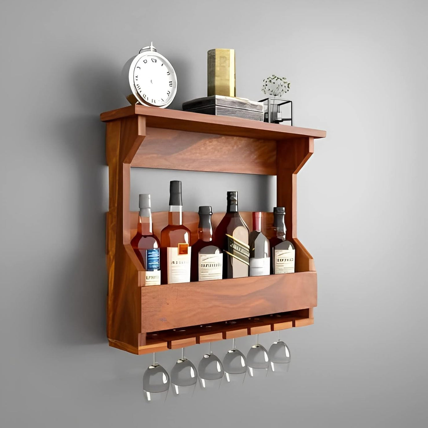 Kartik Furniture Sheesham Wood Wall Hanging Mounted Wine Rack Wooden with Glass Holder,Wood Wine Glass Rack Wine Storage Rack & Glass Holder for Home Decor Kitchen Bar Cabinets Honey Finish