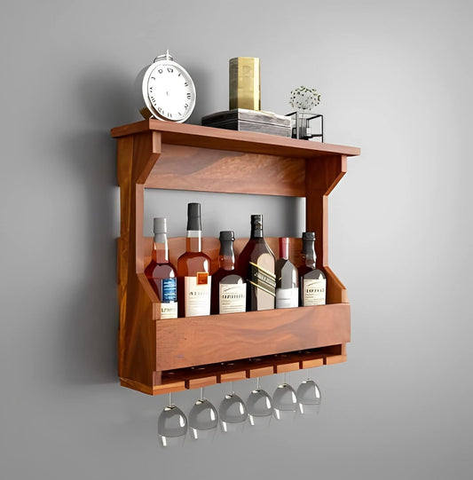 Kartik Furniture Sheesham Wood Wall Hanging Mounted Wine Rack Wooden with Glass Holder,Wood Wine Glass Rack Wine Storage Rack & Glass Holder for Home Decor Kitchen Bar Cabinets Honey Finish