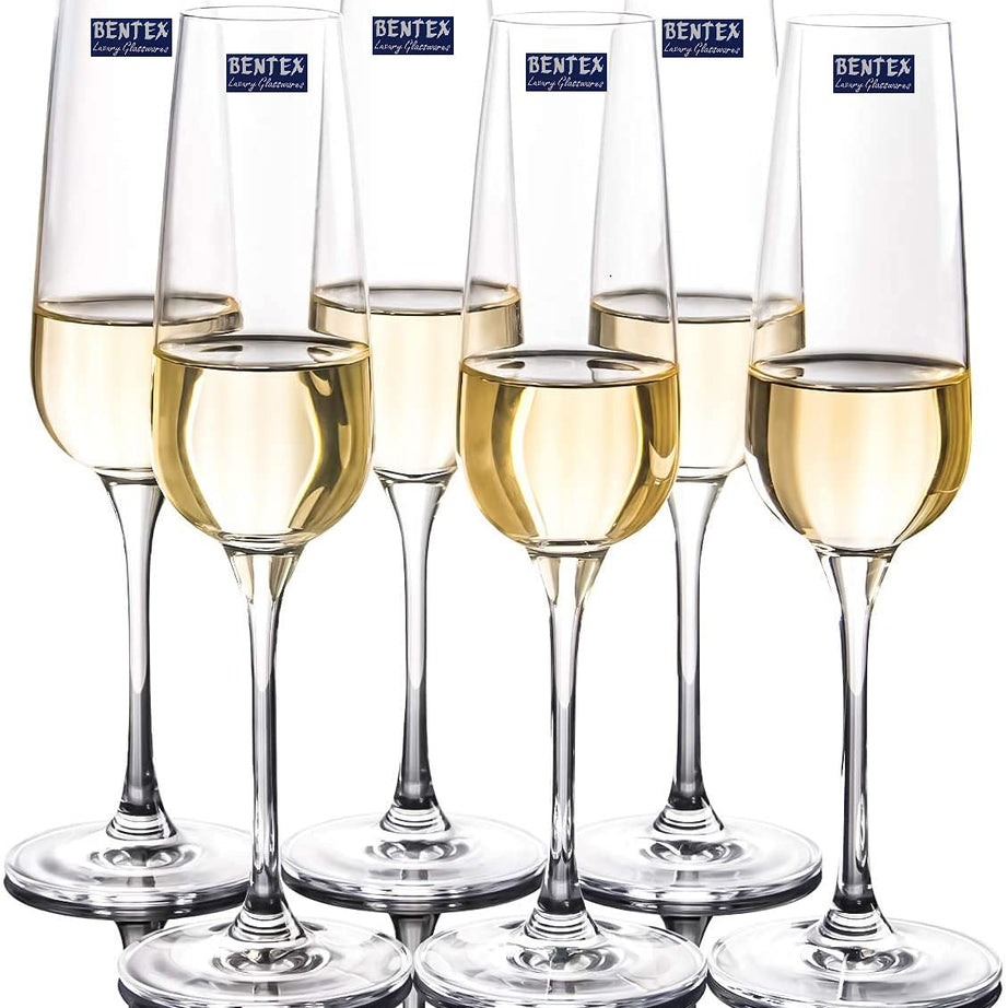 BENTEX LUXURY GLASSWARES Glass Champagne Flute Glass, Wine Glass, Set of 6 Pieces, Clear, 200 ml, Long Steam Lead Free Champagne Glasses