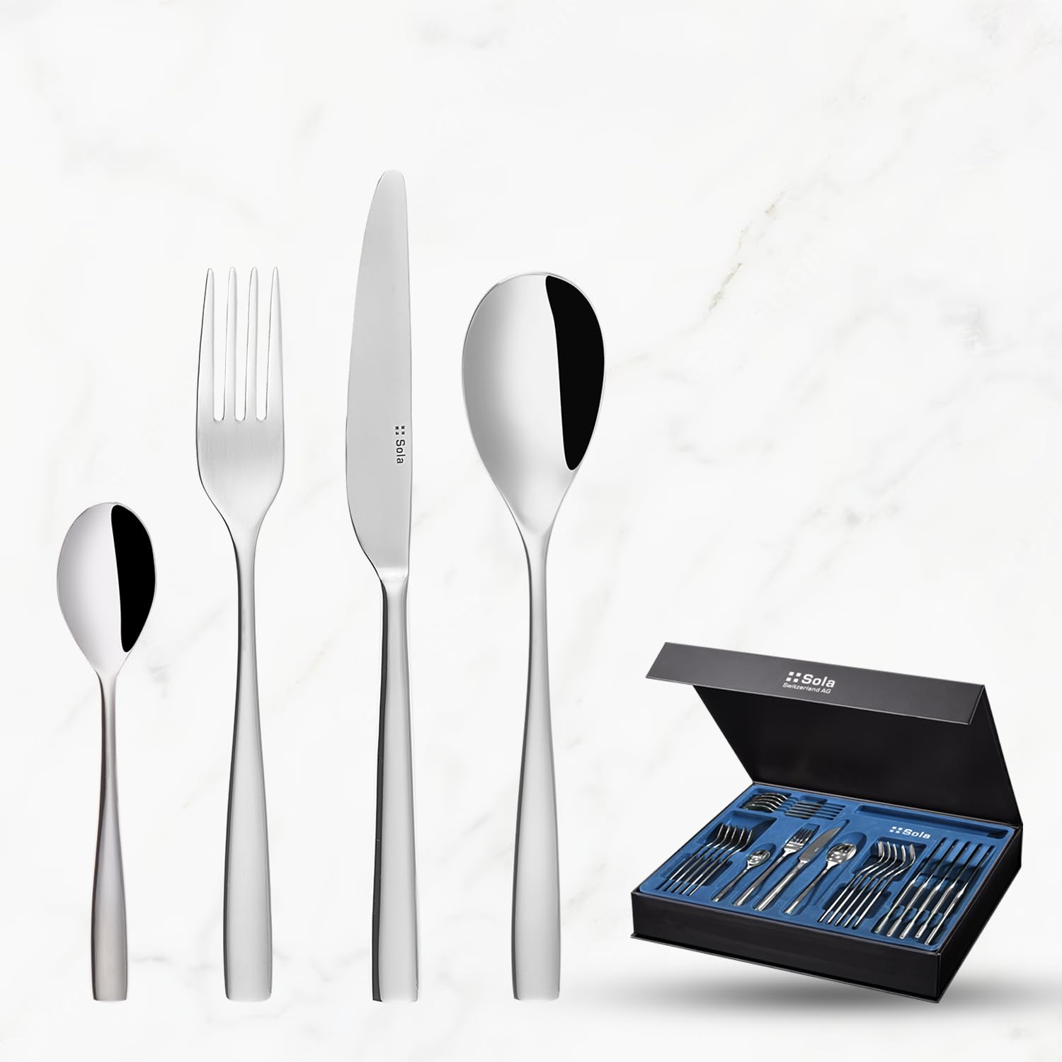 Sola Switzerland - Anno 24-Piece Imported Cutlery Set | Premium Chrome Nickel Steel 18/10 | Swiss-Made | Corrosion-Resistant | Long-Lasting Finish | Gift Box Packaging