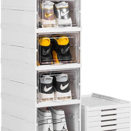 Foldable Shoe Organizer Storage Boxes for Closet, Modular Space Saving Shoe Boxes Plastic Stackable Sneaker Containers Display Case for Closet,Heels,Boots,Slippers with Lids, White (6 layer)