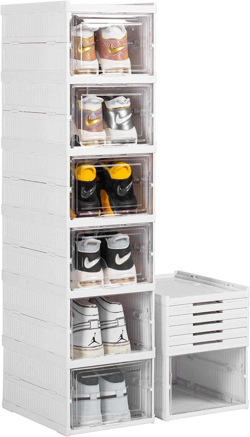 Foldable Shoe Organizer Storage Boxes for Closet, Modular Space Saving Shoe Boxes Plastic Stackable Sneaker Containers Display Case for Closet,Heels,Boots,Slippers with Lids, White (6 layer)