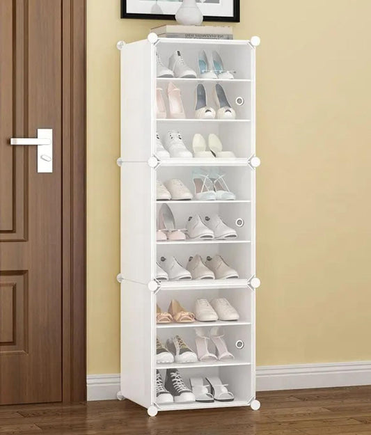 BucketList Portable Shoe Rack Organizer with Door - Easy Assembly, Adjustable Plastic Stackable Shoe Storage Cabinet for 18 Pairs, Detachable Free Standing Shoe Rack (White)