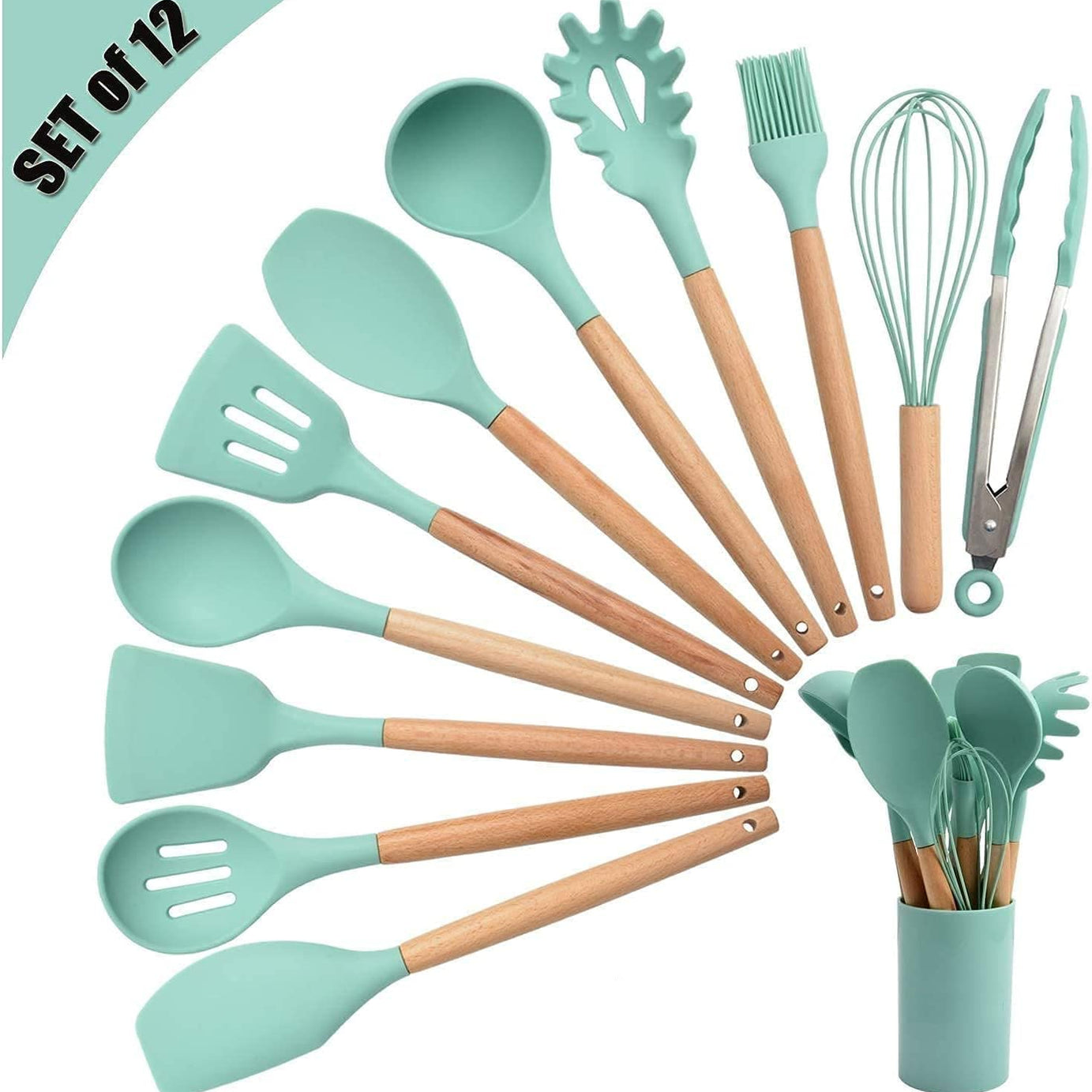 Klick n shop Silicone Kitchen Spatula and Utensils Spoon Set Cooking + Baking Set- 12 Pcs Non-Stick with Wooden Handle-BPA Free, Heat Resistant Item, Flexible Non Toxic Silicon Cookware Tools (Green)