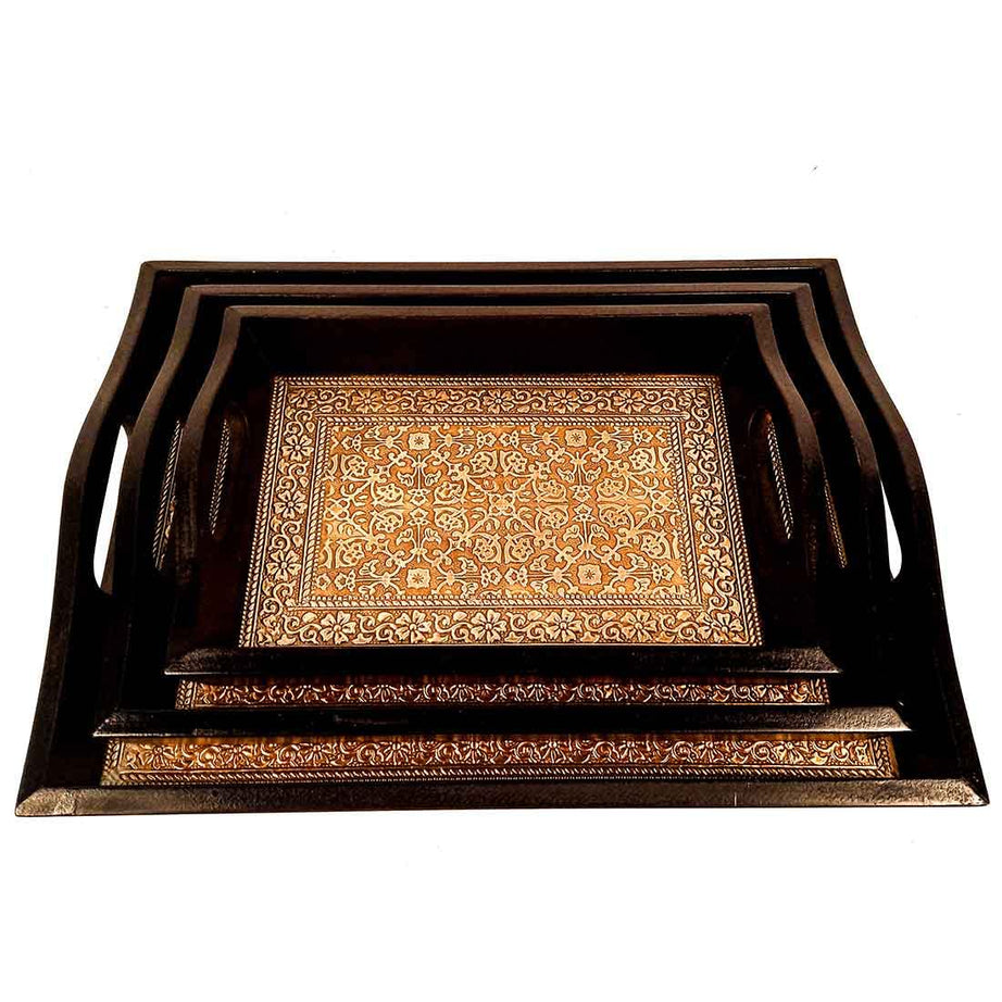 Apka Mart The Online Shop Handicraft Serving Tray - Set of 3 - Brass Tray | Breakfast Coffee Tea Trays Serving Trays for Snacks - for Table Decor, Home Decor, Dining and Serving and Gifts(Square)