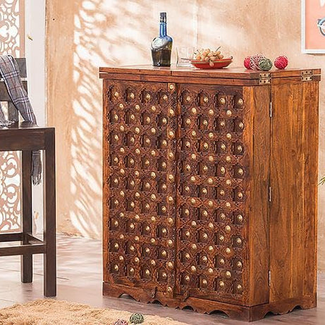 Wooden Bar Cabinet | Bar Home Furniture | Sheesham Wood Bar Cabinet with Storage | Bar Unit for Home | Bar Cabinet for Living Room | Wine Rack with Drawer | Brass Bar, (Honey)