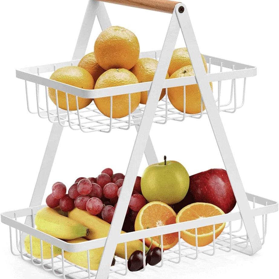 JIALTO Counter-top 2-Tier Steel Fruit Basket with Net Cover for Dining Table, Perfect for Onion Baskets for Storage and Fruits Storage, Durable and Sleek Design Vegetable Basket for Kitchen (White)