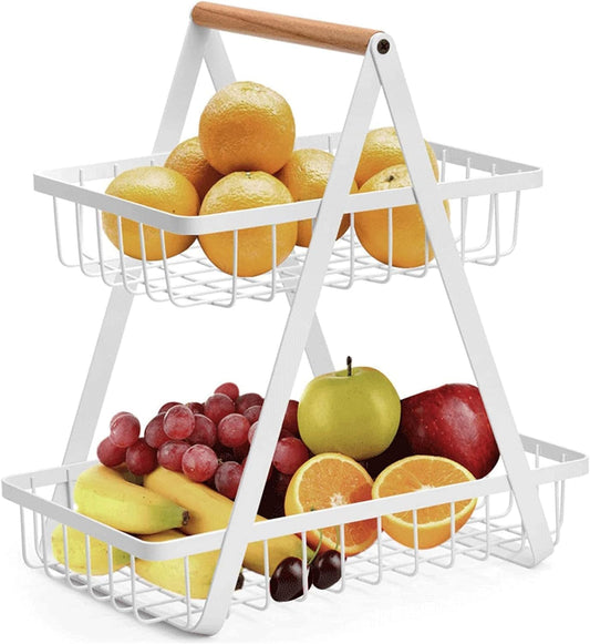 JIALTO Counter-top 2-Tier Steel Fruit Basket with Net Cover for Dining Table, Perfect for Onion Baskets for Storage and Fruits Storage, Durable and Sleek Design Vegetable Basket for Kitchen (White)