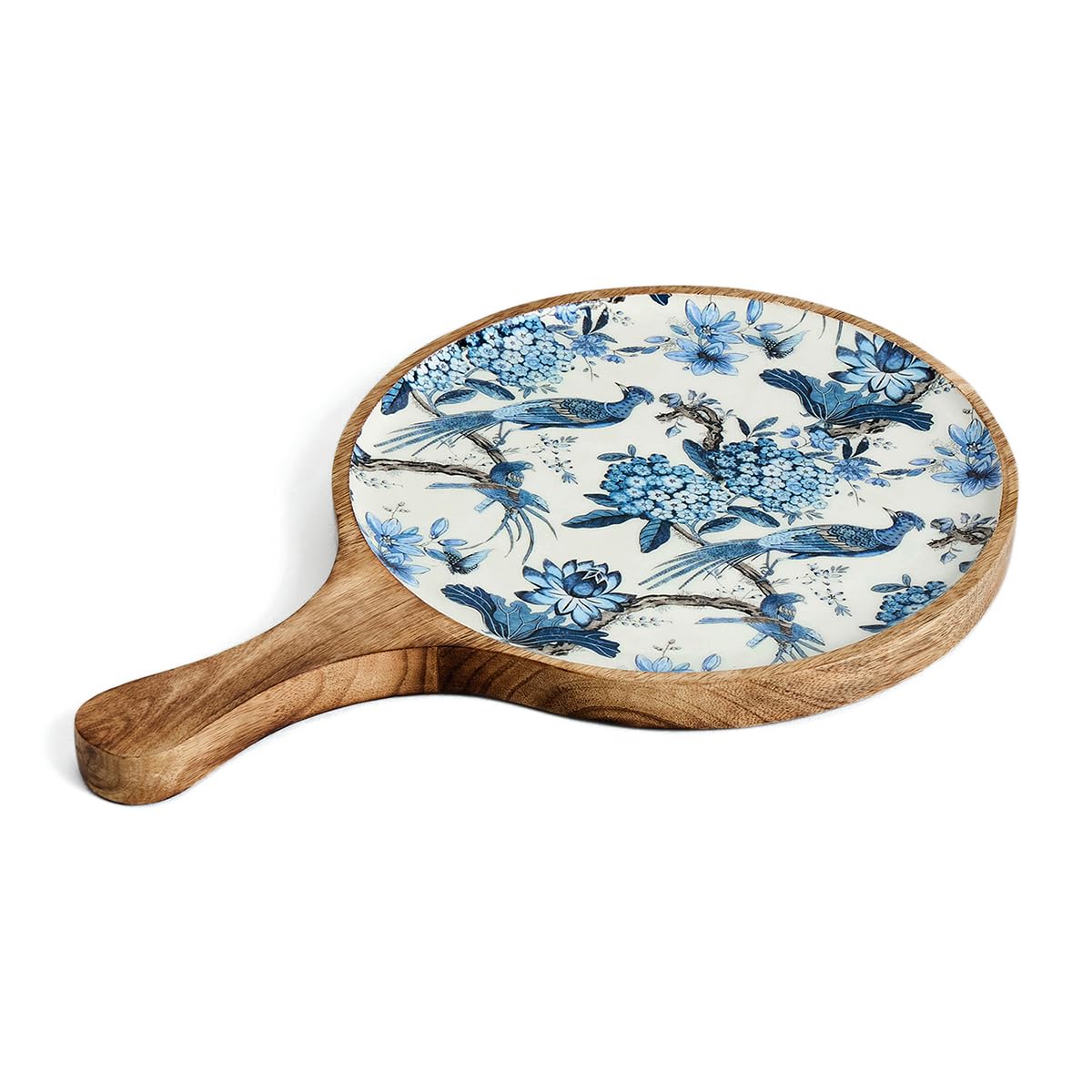 SAAGA Gardenia Wooden Pizza Pan/Plate/Platter/Bat/Serving Tray with Handle for Home and Café | Snacks Serving Platter - 15x10In, Brown & Blue