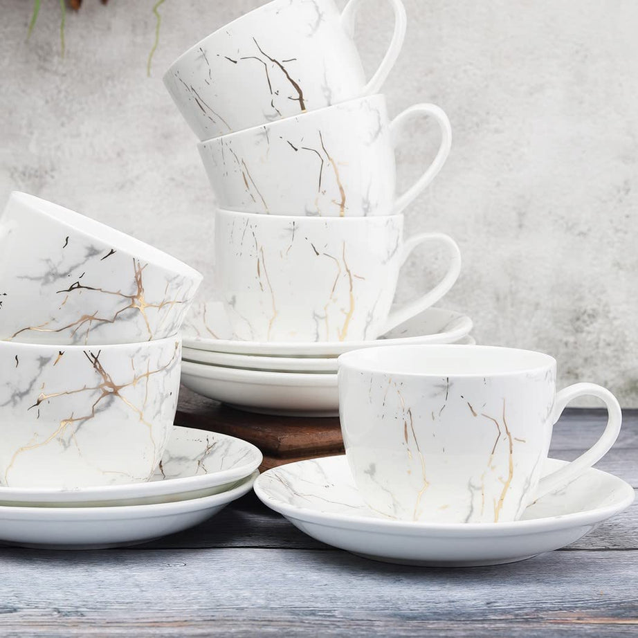 Clay Craft Marble Finish Cup & Saucer Set of 12 (6 Cups + 6 Saucers) - 180 ml each (White)