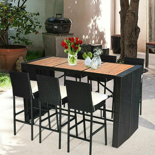 Crosley Patio Table and Chairs, All Weather Wicker Outdoor Furniture Bar Dining Set with 6 Chairs and Removable Cushions, Patio Seating Sets Backyards, Porches, Lawn(Black and White)