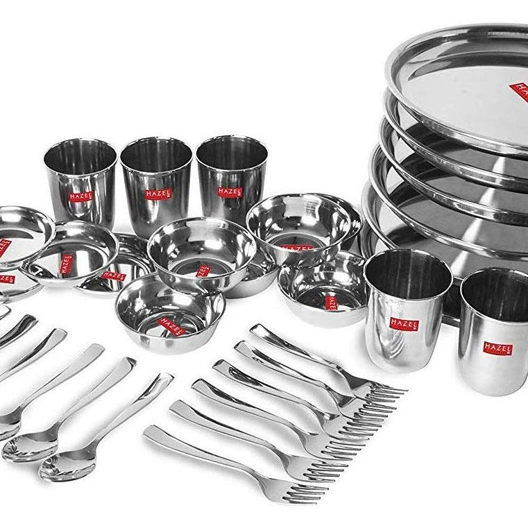 HAZEL Kitchen Set of 36 Pieces | Steel Solid Dinner Set | Unbreakable Dinner Set for Kitchen Items | Durable Stainless Steel Dinner Set for Daily Purpose Usage with Glossy Silver Finish