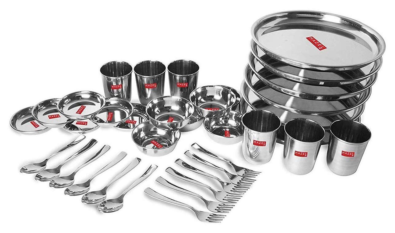 HAZEL Kitchen Set of 36 Pieces | Steel Solid Dinner Set | Unbreakable Dinner Set for Kitchen Items | Durable Stainless Steel Dinner Set for Daily Purpose Usage with Glossy Silver Finish