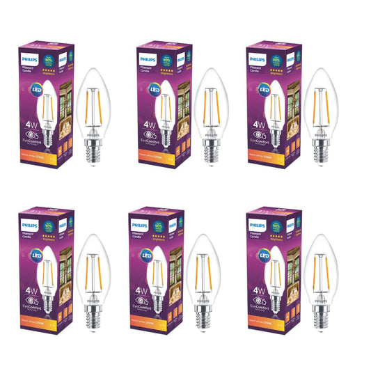 PHILIPS 4-watt Filament Candle LED Bulb | Filament Candle Bulb Home & Decoration|Bulb Base: E14, Color: Warm White|Pack of 6