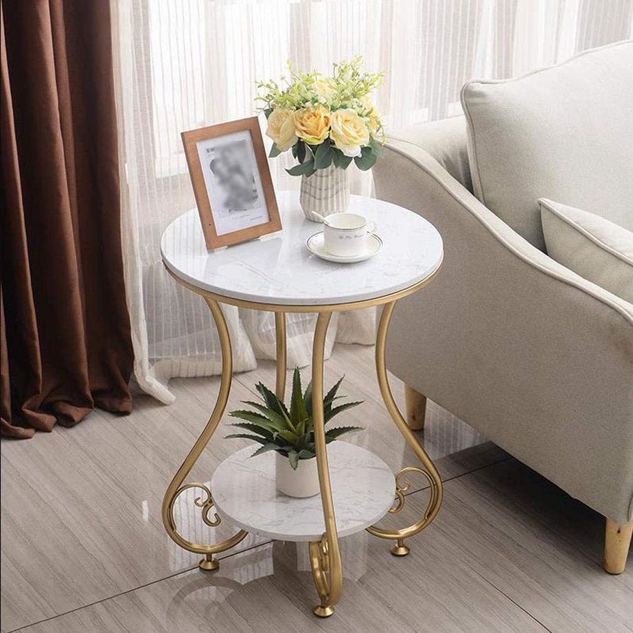 SenceWin Decor Table with Round Side and End for Small Spaces, Coffee Snack Table with Metal Frame for Living Room and Bedroom-White Gold