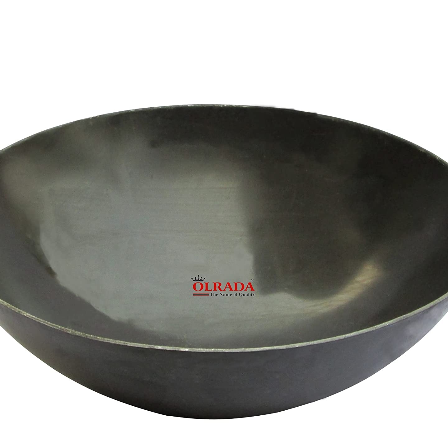 Olrada Iron Kadhai Deep Bottom Kadai, Frying Kadhai with Golden Rings, Black 9inch