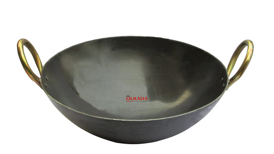 Olrada Iron Kadhai Deep Bottom Kadai, Frying Kadhai with Golden Rings, Black 9inch