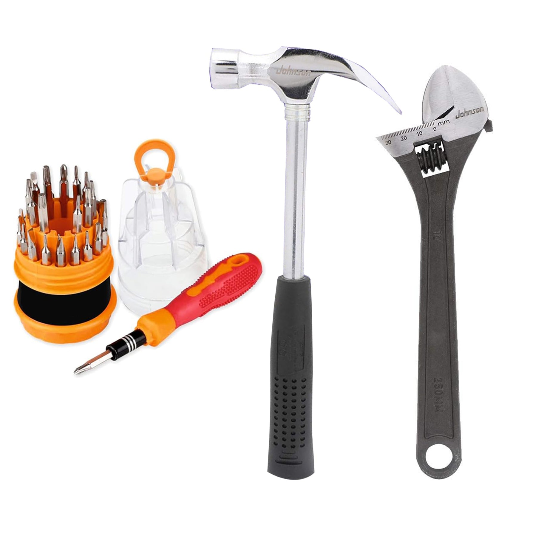 Suzec Johnson Advance Home Kit 5-Pieces Screwdriver Kit (Multicolour) & Adjustable Wrench (200 mm) & Claw Hammer Steel Shaft