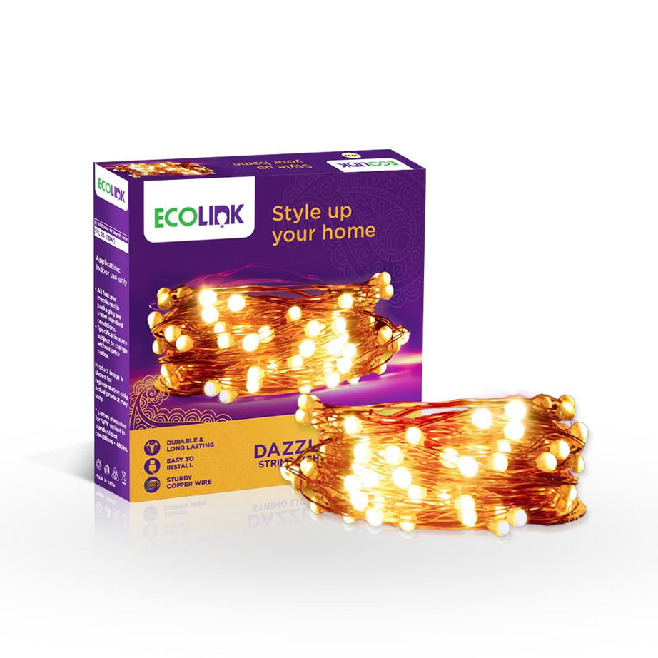 EcoLink Dazzel 10 Meter USB LED Copper String Light | Festival LED String Light for Diwali, Christams, Festivals and Home Decoration | Warm White, Pack of 1