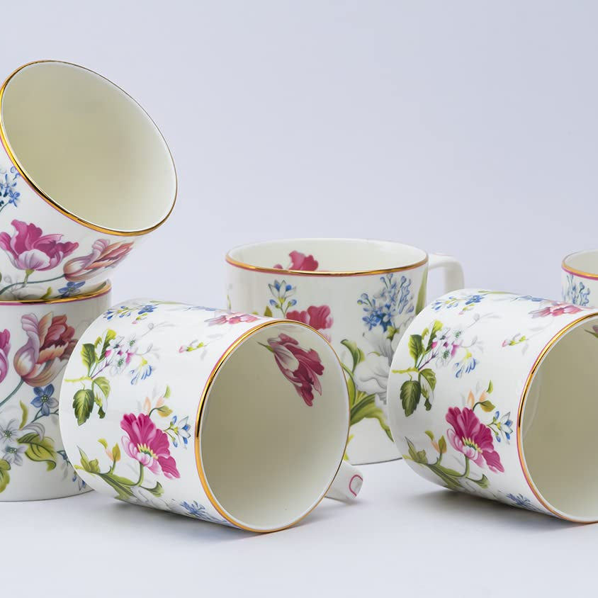 GOLDEN QUEEN'S Handcrafted Tea Cups - Set of 6 | Ideal for Everyday Tea and Coffee, Enhancing Your Daily Rituals (Pink & White Gold line)