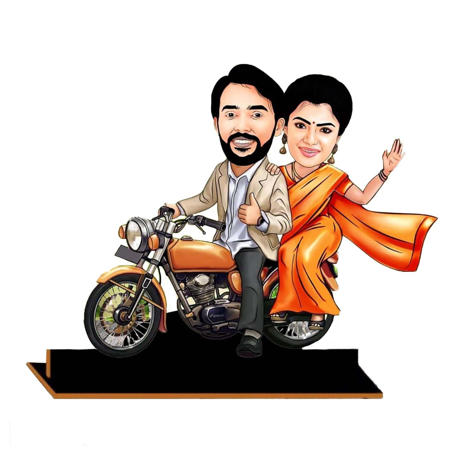 SM CREATIONS Wood Customized Couple Caricature On Bike | Best Gift For Couple | Gift For A Birthday, Anniversary, Naming Ceremony (8X6 Inch), Multicolor