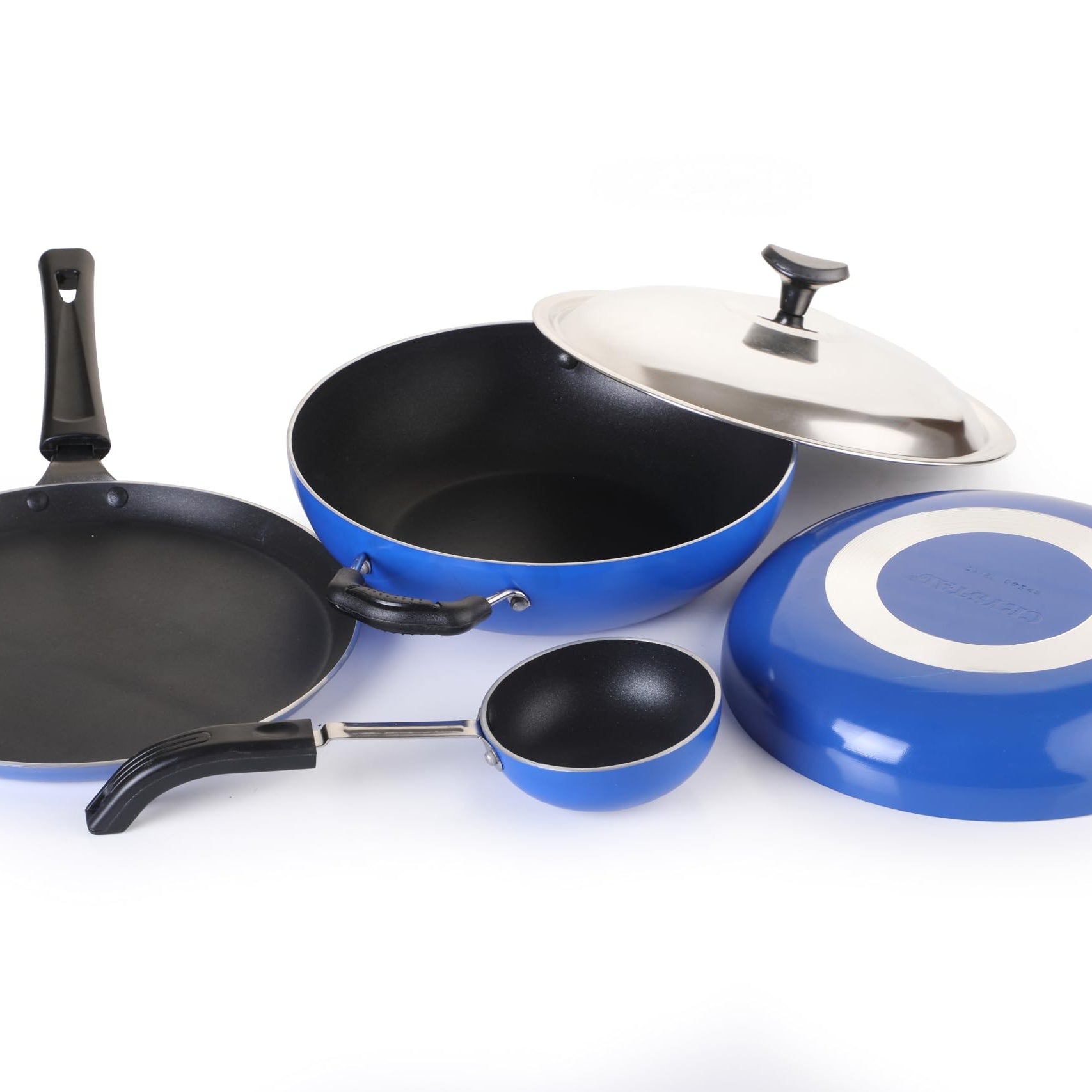 Crystal Eco Series Non Stick Cookware Set, 5 Pcs, Royal Blue | 2.5 mm Thickness | PFOA Free Non Stick Coating | Tawa 250 mm | Fry Pan 240 mm | Kadai with Steel lid 240 mm | Tadka pan/Vaghariya