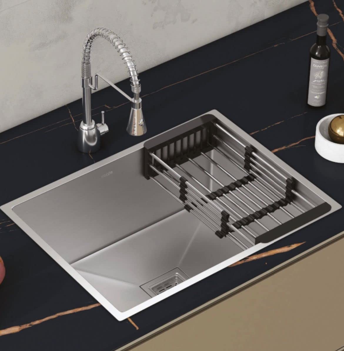 HAPPY HOMES Modular Kitchen Sink (24X18X10 Inch), Matte Satin Finish 304 Grade Stainless Steel with Nanocoated Undercoating and Square Coupling and Metal Fruit Basket