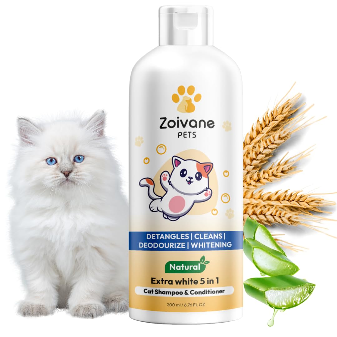 ZOIVANE Cat Shampoo - 200ml | Extra White 5 in 1 Cat Shampoo with Conditioner, Cat Shampoo for Persian Cat Hair fall, Normal Cat, Kitten Shampoo, Suitable for All Cat Types - Pack of 1-200ml