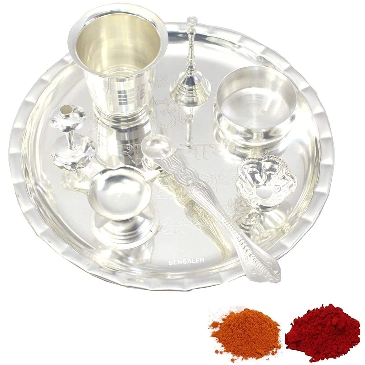 BENGALEN Pooja Thali Set Silver Plated 8 Inch for Festival Ethnic Puja Thali for Diwali Home Temple Office Wedding Return Gift Items