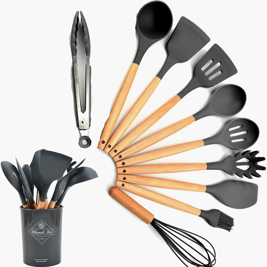 Alciono Silicone Kitchen Tool Set Cooking | Heat-Resistant Non-Stick Utensil Set Cooking Tools | Turner, Whisk, Spoon, Brush, Silicon Spatula Set, Ladle Slotted Tongs Pasta Fork- Set of 10 | Grey