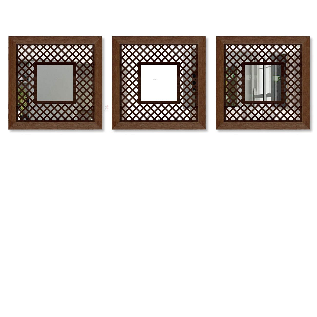 Art Street Decorative Wall Framed Mirror Block Design Brown Set Of 3 Square Shape Mirror For Home Decoration & Wall Decoration- Size-13.2 X 13.2 Inches